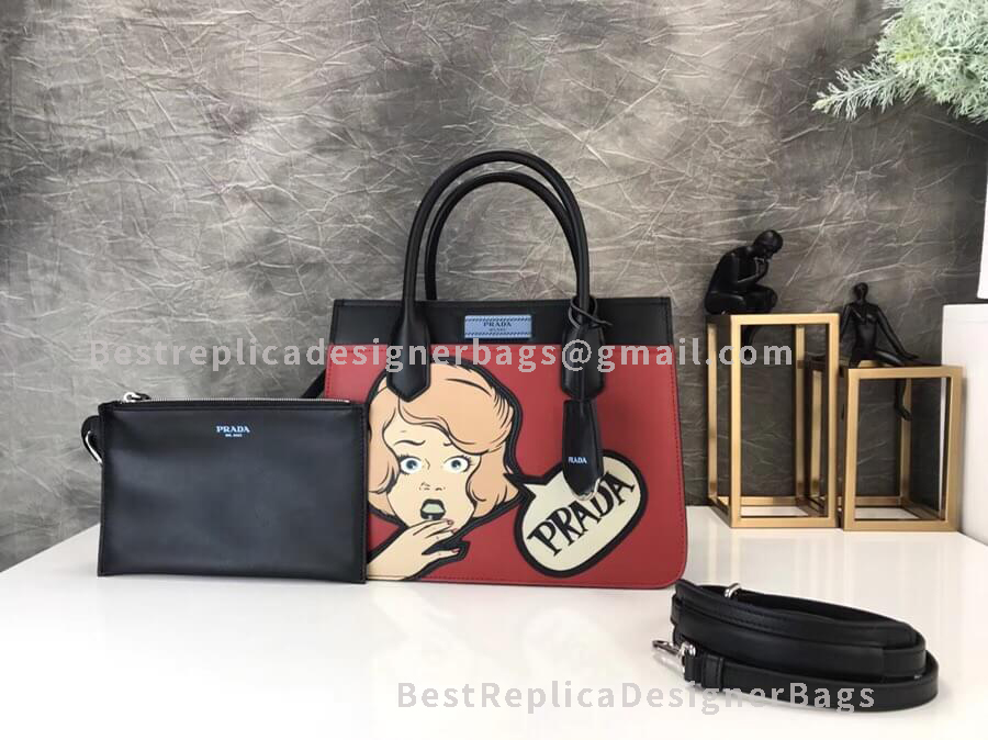 Prada Dual Red Leather  Tote Bag With Girl SHW